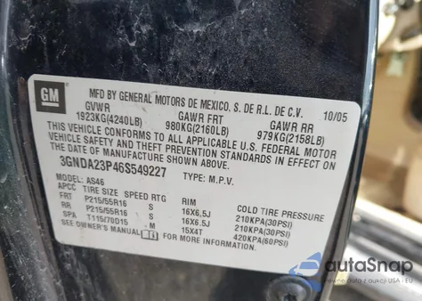 2006 Chevrolet Hhr Lt из США, поврежденный, VIN 3GNDA23P46S549227